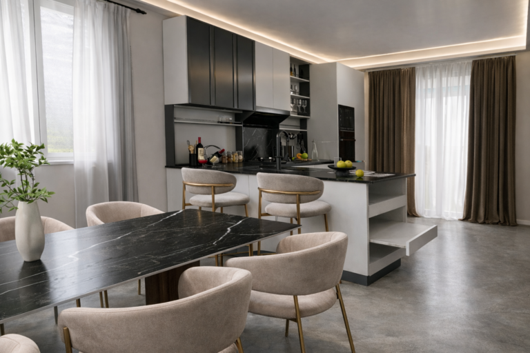 Cucina moderna con tavolo in marmo